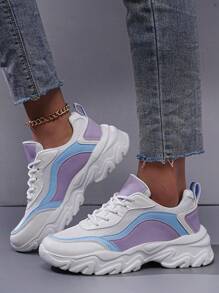 Colorful Leather Casual Sport Shoes, Comfortable, Fashionable, Lightweight, Women's Fashionable Breathable Casual Shoes, Low-Top Sneakers, Round Toe, Thick Sole, Lace-Up Closure, Student Running Shoes