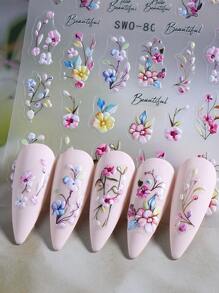 2 pezzi Adesivi per unghie floreali 5D colorati, con fantasia di fiori e foglie in rosa brillante, blu e sfumata, decorazione romantica per manicure fai-da-te, adatta per primavera-estate, con gel polish autoadesivo, decalcomanie e accessori per arte di unghie