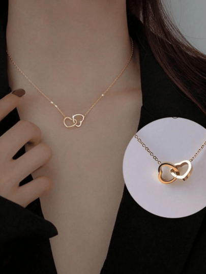 1pc Women Double Heart Pendant Necklace, Fashion Stainless Steel Smooth Glossy Non-Fading Jewelry, Suitable For Women, Holidays, Birthdays - Best Gift For Her