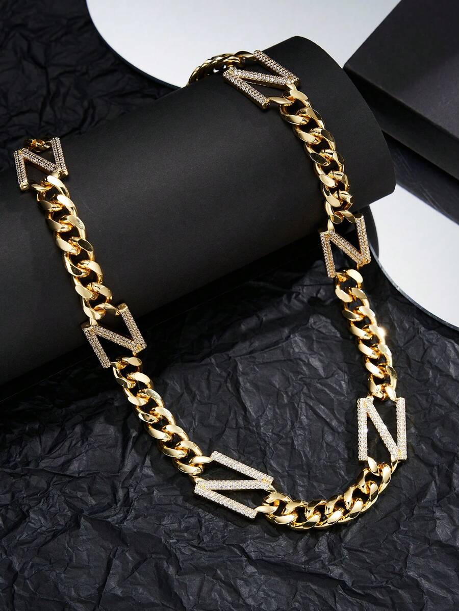 1pc 18K Gold/Platinum Plated Cubic Zirconia Iced Letter N Pendant Necklace, Luxury Gift For Party And Everyday Wear