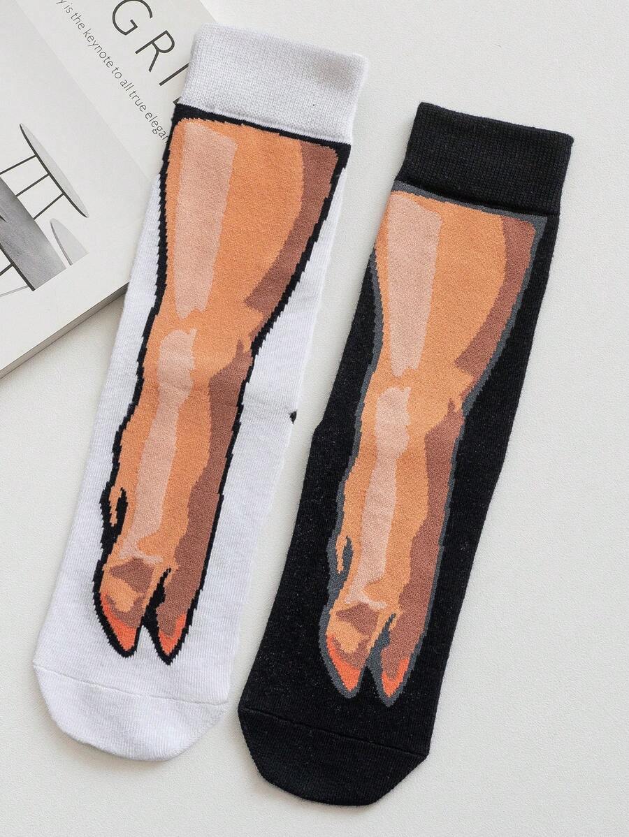 1 Pair/2 Pairs Men's Breathable, Moisture-Wicking Casual Novelty Cartoon Pig Nose & Pig Foot Patterned Mid-Calf Socks, Versatile College Style