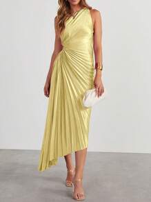 Vestido elegante de fiesta con escote asimétrico, volantes y pliegues en el bajo para mujer, para cócteles - Amarillo - Ver 3