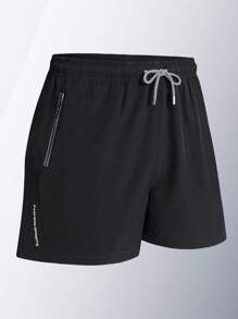 1 件装男士夏季运动短裤，松紧腰抽绳短裤，印花健身短裤，适合室内健身房、户外跑步 - 黑色 - 查看 2