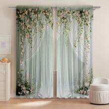 2Pcs, Light Pink And Green Flower Window Curtains, 3D Digital Printing, Exquisite Texture And Soft Tone Details, Common In Living Room, Study And Bedroom, Creating A Quiet Atmosphere And Enhancing Romantic Style - Multicolor - View 3