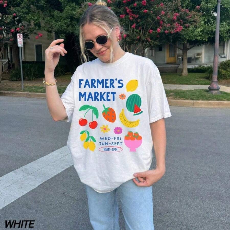 Oversized T Shirt Womens Flower Shirt Farmers Market Shirt Flower Market Tshirt Fruit Shirt Tomato Shirt Aesthetic Flower Shirt Y2K Shirt Floral Shirt - trắng - Xem 1