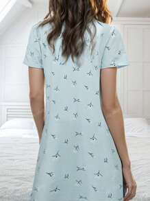 Robe/chemise de nuit ample à manches courtes avec col rond, imprimé floral et feuillage, convient pour le port intérieur et extérieur, printemps/été