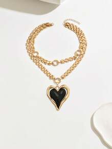 1 pieza Nuevo collar colgante de mujer con efecto metálico, collar gargantilla de moda de gran tamaño exagerado de dos capas con cadena y corazón de color contrastante, elegante y lujoso para uso diario