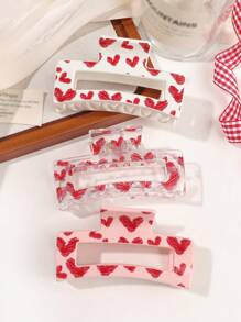 3件套情人节粉色爱心热转印爪夹，简约方形发夹，甜美可爱休闲街头风发饰，发夹，发卡，发圈，发饰夹，秋冬度假装扮，女士花朵发夹，夏季 - 彩色 - 查看 2