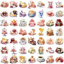 50 Piezas Paquete de pegatinas de estilo Ins de dibujos animados para el té de la tarde | Pegatinas estéticas de vinilo para scrapbooking, diario, parachoques, monopatín, botellas de agua, dibujos animados, casco, coche