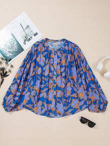 Acelitt 蓝色碎花蝙蝠袖纽扣宽松衬衫