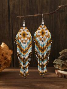 复古波西米亚风种子珠耳环，几何钻石形状，长流苏吊坠，手工编织玻璃珠，适合女性日常、度假、休闲装、派对首饰