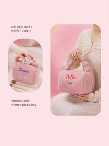 1pc Personalized Women Plush Makeup Bag, Portable Travel Toiletry Bag, Cosmetic Organizer Bag For Skincare Products, Fashion Large Capacity Wash Bag, Embroidered Letter Beauty Bag, Suitable As Gift For Family, Friends, Mother's Day, Girlfriend, Valentine's Day, Christmas, Nurse's Day, Teacher's Day, Birthday - Multicolor - View 6