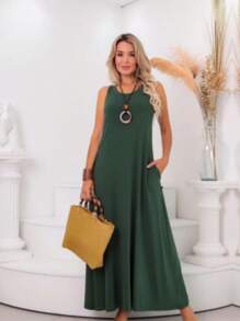 Women's Plus Size Tank Top Dress With Pocket. - 軍綠色 - 查看 4