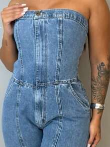 Strapless Women's Denim Jumpsuit With Spandex - Biru Marmer - View 4