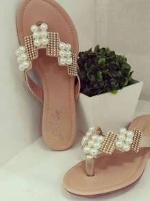 Sandalias rasteira  femininas stras peroladas - Rosê - Visão 2