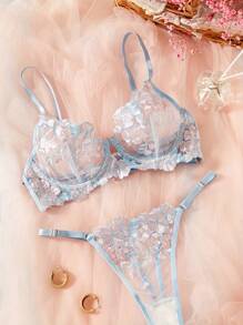 Floral Embroidery Spaghetti Strap Super Thin Women's Lingerie Set - Multicolor - View 3