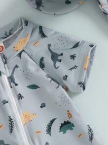 3M-3T Toddler Boys Rash Guard Swimsuit Playsuits Dinosaur/Fish Print Zipper Short Sleeve Sun Protection Bathing Suit With Swim Cap - Grey - View 8