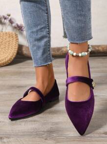 新款秋季女士套脚鞋，绒面尖头套脚百搭工作乐福鞋 - 紫色 - 查看 5