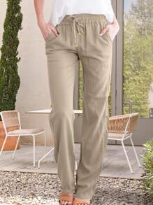 Women Elastic Waist Solid Color Pants High Rise Drawstring Straight Leg Trousers With Pockets Casual Long Trousers - Camel - View 3