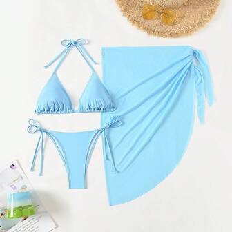 Women's Light Blue Halter Tie Bow Backless Triangle Cup Side Tie Bow Triangle Panties And Mesh Coverup Adorable Bikini Set