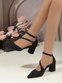 Damen Mode Spitze Zehen Plateau Absatz Weiche Sohle Atmungsaktiv Quadrat Absatz Sandalen, Vielseitig für den Outdoor Urlaub, Doppelte Schnalle Schwarze High Heels