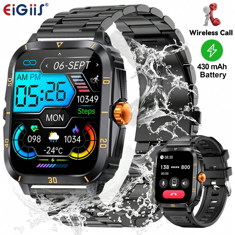 EIGIIS 1 件不锈钢表带男士智能手表（拨打/接听电话）具有 3ATM 防水功能，坚固耐用的手表，1.96 英寸高清屏幕睡眠监测器，100 多种运动模式健身追踪器，兼容 Android IOS