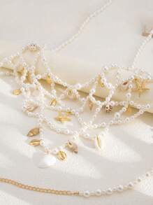 1pc Bohemian Fashion Baroque Faux Pearl Multilayer Tassel Sexy Body Chain, Vintage Ocean Element Starfish Shell Conch Pendant Tassel Waist Chain And Vest Chain, Women Beach Resort Decor Body Jewelry