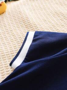 Girls' Short Sleeve Casual Elegant Minimalist College Style Embroidered Polo Dress, Collared A-Line Pleated Skirt, Summer New Arrival - Royal Blue - View 5