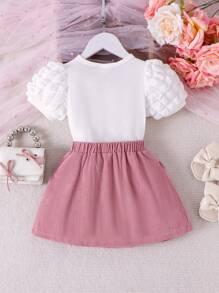 2件套女婴优雅爱心印花白色短袖上衣+灯芯绒半裙套装，轻薄夏季 - 粉色 - 查看 2