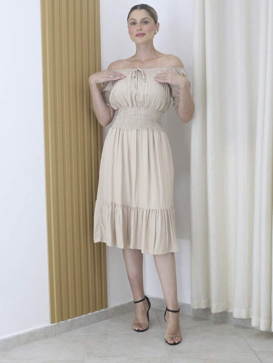 Evángelica Midi Party Dress With Elastic Sleeves - 米色 - 查看 1