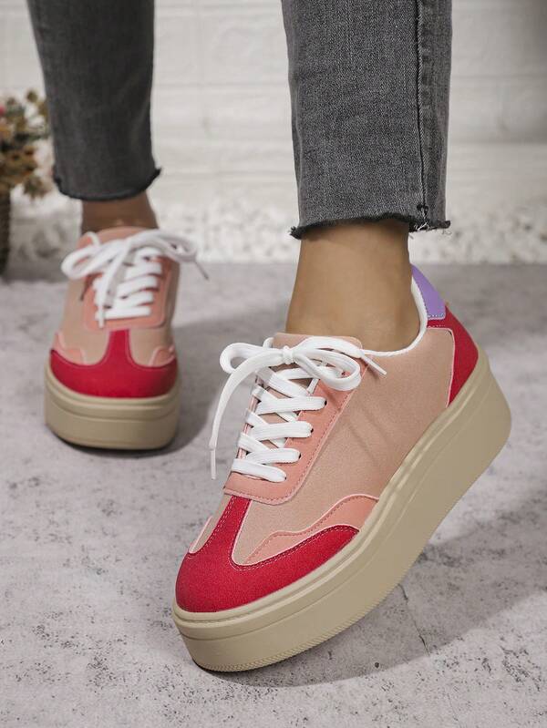 Modne, duże rozmiary, damskie, grube, sznurowane, codzienne, sportowe buty, kolor różowy, wygodne, codzienne, zwiększające wysokość, gruba podeszwa, odpowiednie na wiosnę i jesień