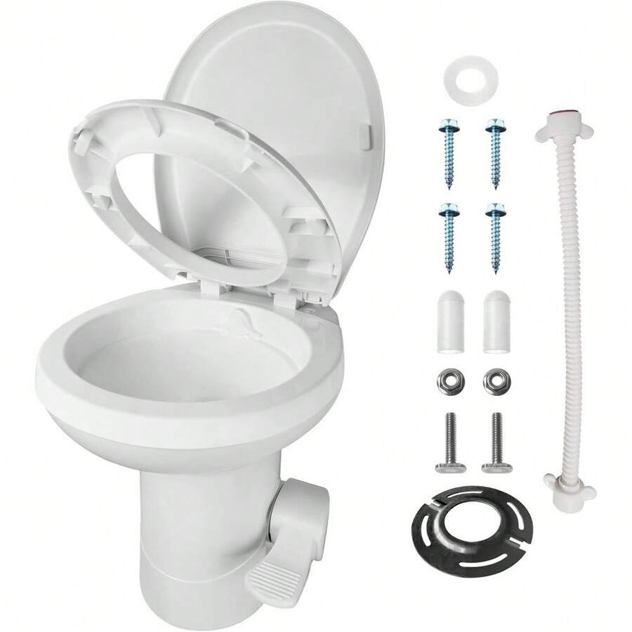 Mupera - Kit de inodoro para RV, pedal mejorado, tomas de agua tipo T, inodoro con descarga de gravedad con brida (nuevo 2025), con asiento de inodoro y cubierta para autocaravana y RV - 1 - Ver 1