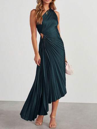 Solid Color Pleated Flared Asymmetric Shoulder Elegant Dress, Party Dress, Wedding Guest Dress