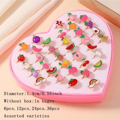 Sebze ve Meyve Tasarım Çinko Alaşımlı Çocuk Yüzükleri, 36 adet/24 adet/12 adet/6 adet Çeşitli, Çocukların Meyve ve Sebze Tanımlamasını Öğrenmelerine Yardımcı Olur, Pürüzsüz Yuvarlak Rahat Giyilebilir, Kız/Çocuklar İçin Hediye