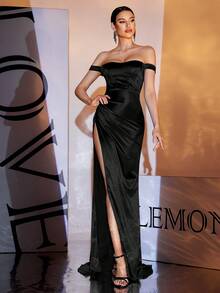 LOVE&LEMONADE Vestido de fiesta elegante tipo sirena de hombros descubiertos y abertura en el muslo, en color negro, para graduación, cena o boda - Negro - Ver 3