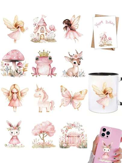 12pcs Pink Enchanted Forest Cute Woodland Fairy Animals DIY UV DTF Transfer Stickers Glass Jars And Coffee Mugs Cup Wraps Decoration, Bottles Vase Stickers, Laptops Phone Cases Greeting Cards Decal Stickers, Illustration, Bottles, Notebooks Junk Journals, Crafts, Ornament, Gift Box Packaging Decorations, Waterproof Sticker, Holiday Birthday Party Decorations