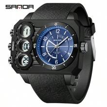 SANDA. SANDA Square Dial Digital Watch For Men Military Army Countdown Sport Quartz Wristwatch Man Large Dial Silicone Multifunctional Chronograph Waterproof Male LED Clock