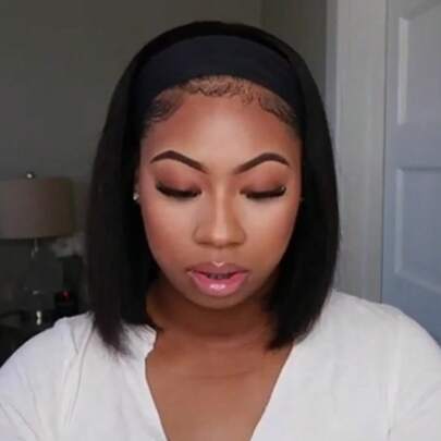 Headband Wigs Human Hair Bob Headband Wigs For Women Easy Put On And Go Glueless Wigs Short Straight Wigs Machine Made No Lace Headband Wig For Daily Wear Natural Color