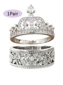 1pc Elegant Handmade Floral Crown Ring With Crystals, Vintage Minimalist Couple Rings For Engagement, Wedding, Valentine's Gift,Mom,Mother,Mother's Day,Gift