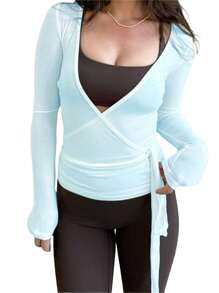 Women Y2k Long Sleeve Workout Tops Cross Wrap Tie Tops Sexy Deep V Neck Bandage Surplice Wrap Crop Top Solid Color Casual Slim Fit T-Shirts Fitness Gym Yoga Athletic Blouses Tops Sportswear Dance Ballet Dancewear - Màu xanh ngọc - Xem 2