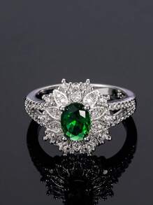 1 szt. damski pierścionek ze szmaragdowymi kryształkami, modny elegancki pierścionek z zielonym cyrkonem, biżuteria pierścionkowa, zaręczyny, prezent.