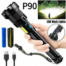 TazTir XHP90 LED 7 Mode Super Bright Rechargeable Flashlight, Tactical Zoomable Flashlights High Lumens, Brightest Torch With Cob Sidelight, USB Output As Power Bank, For Outdoor, Fishing, Security, Road, Garage Lighting, Inclement Weather Or Power Outages - 黑色 - 查看 1