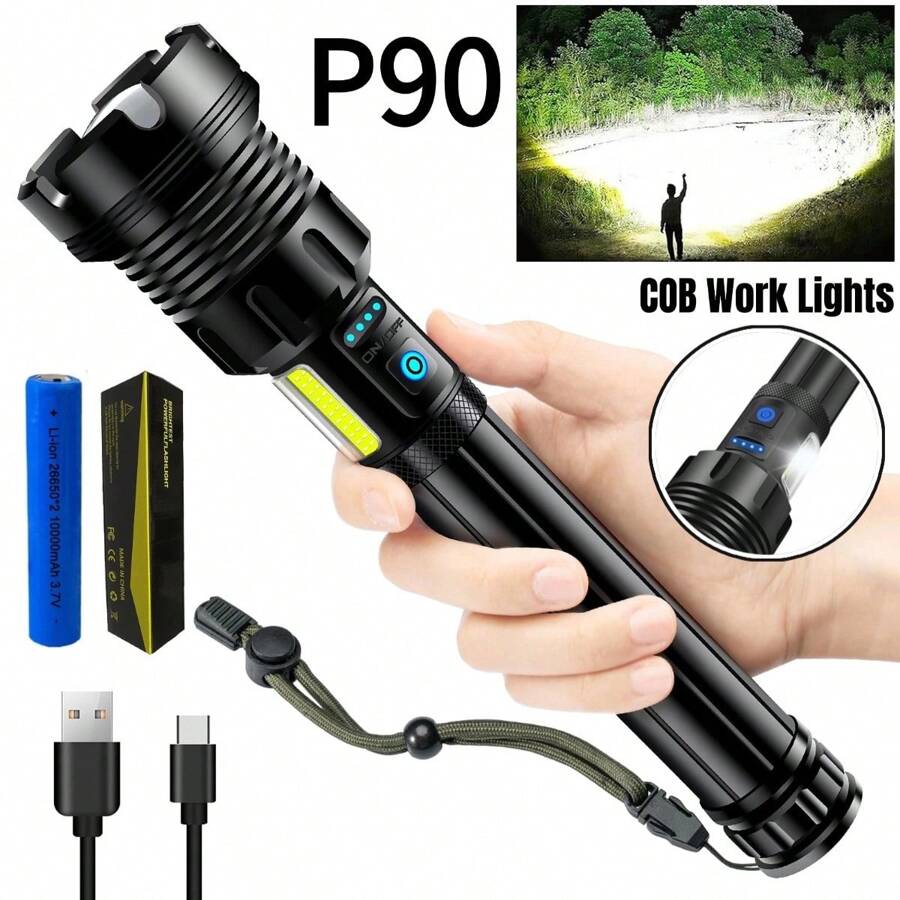 TazTir XHP90 LED 7 Mode Super Bright Rechargeable Flashlight, Tactical Zoomable Flashlights High Lumens, Brightest Torch With Cob Sidelight, USB Output As Power Bank, For Outdoor, Fishing, Security, Road, Garage Lighting, Inclement Weather Or Power Outages - 黑色 - 查看 1
