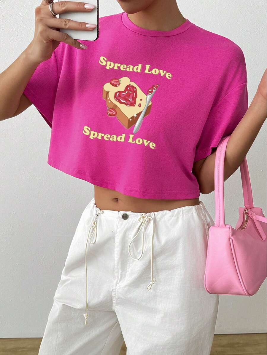 Women's Strawberry Jam & Toast Print Pattern Loose Round Neck Short Sleeve T-Shirt, Suitable For Summer, Rose Red - Hot Pink - View 1