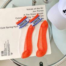 5 Pairs Girl's Short Socks, Korean Style, Thin, Crystal, Transparent Letter Print, Daily Wear