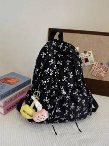 1pc Black Nylon Casual School Style Fresh Allover Print Bow Drawstring Large Capacity Foldable Backpack With Cartoon Decor Zipper, Suitable For Teenagers, College Students, And Women For Daily Commuting, Shopping, Travel, Graduation Gift, Cute Bow Backpack