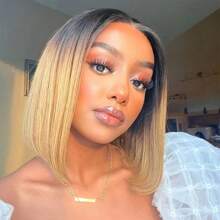Human Hair Elegant Ombre Blonde Bob Wig For Women 1B27 Color - 13x4 Lace Front, Dark Roots To Light Tips, Straight Style, Versatile Short Wig