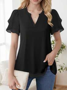 Women's V-Neck Double Layer Ruffle Sleeve Pleated Short Sleeve Shirt - 黑色 - 查看 2