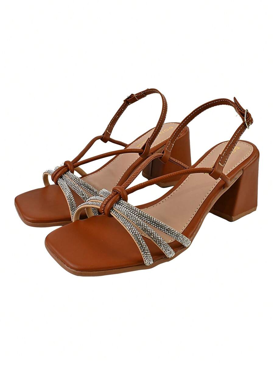 Monte Shoes Women's Sandals CM Shoes Square Toe High Heel Casual Metallic Rhinestone Pearl New - Rust Brown - View 1