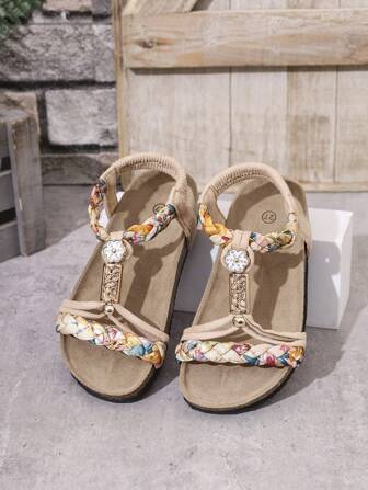 儿童复古花卉沙滩凉鞋，时尚度假旅游鞋